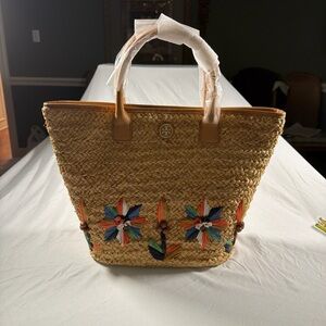 Tory Burch Natural Straw Tote with Colorful Floral Design